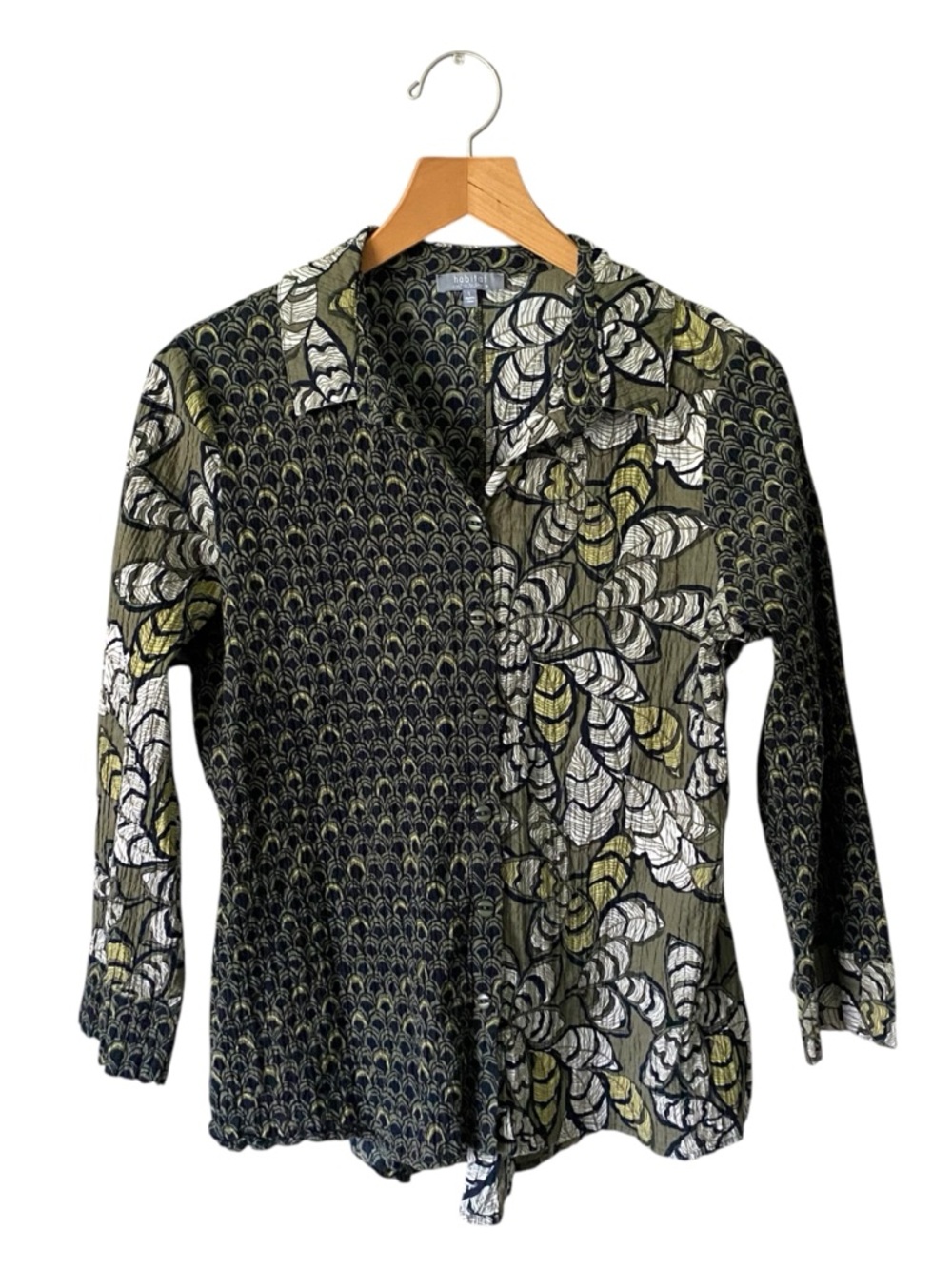 Habitat Clothes To Live In Womens M Button Up Shirt Top Green Artsy Art To Wear